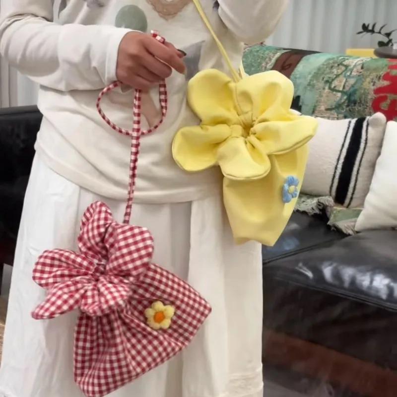 Retro Flower Design Women's Phe Pouch Shoulder Bags College Girls Small Crossbody Bag Cute Plaid Female Handbags Clutch Purse