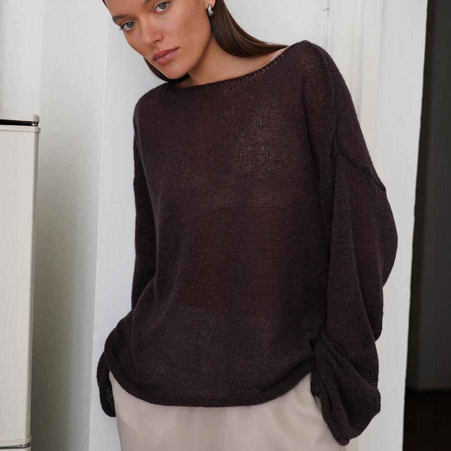 Hollow Knitted Shirt Spring/Summer Perspective Thin Large Round Neck Trumpet Sleeve Knitted T-shirt