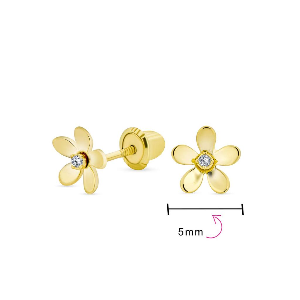 CZ 14K Yellow Gold Flower Screw Back Screw Type Petit Earrings [Bling Jewelry] Leave-on