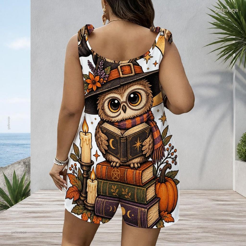 Kadın Plus Beden Bisiklet Yaka Askılı Tulum Kelebek Kanatları Baskılı Tulum Şort