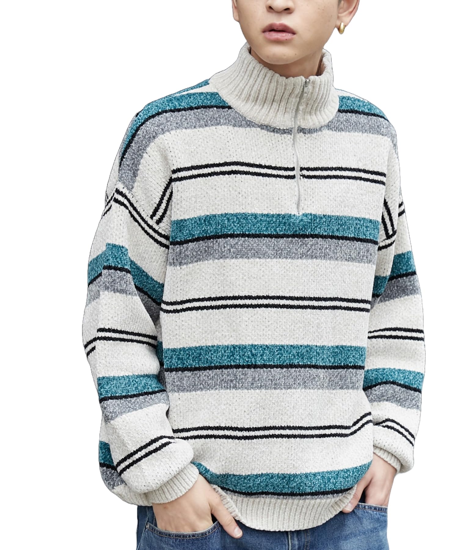 

WEGO Velour Mall Pullover Casual Knit Oversized Perfect Gift for Fall and and Size White Stripe Men s Half-Zip Sweater, Top, Silhouette, Winter,
