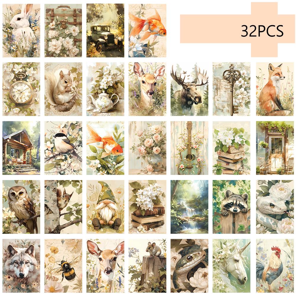 

32pcs, vintage illustration postcard set, green, suitable for birthday/anniversary gifts, collectible, giftable, and mailable.