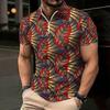 Women Short Sleeve Polo Shirt Red Gold Leaf Geometric Texture Print Half Zip Lapel Top
