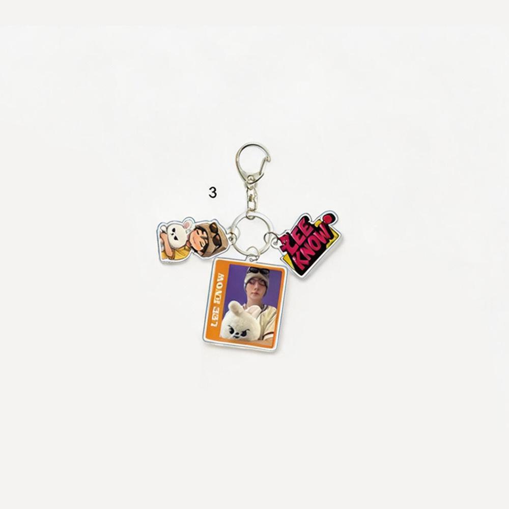 1pc Stray Kids Keychain 3-in-1 Polaroid Style Real Photo Frame Cute Cartoon Doll Colorful Name Tag Triple Charm Keyring for Bags, SKZ Merch STAY Gift