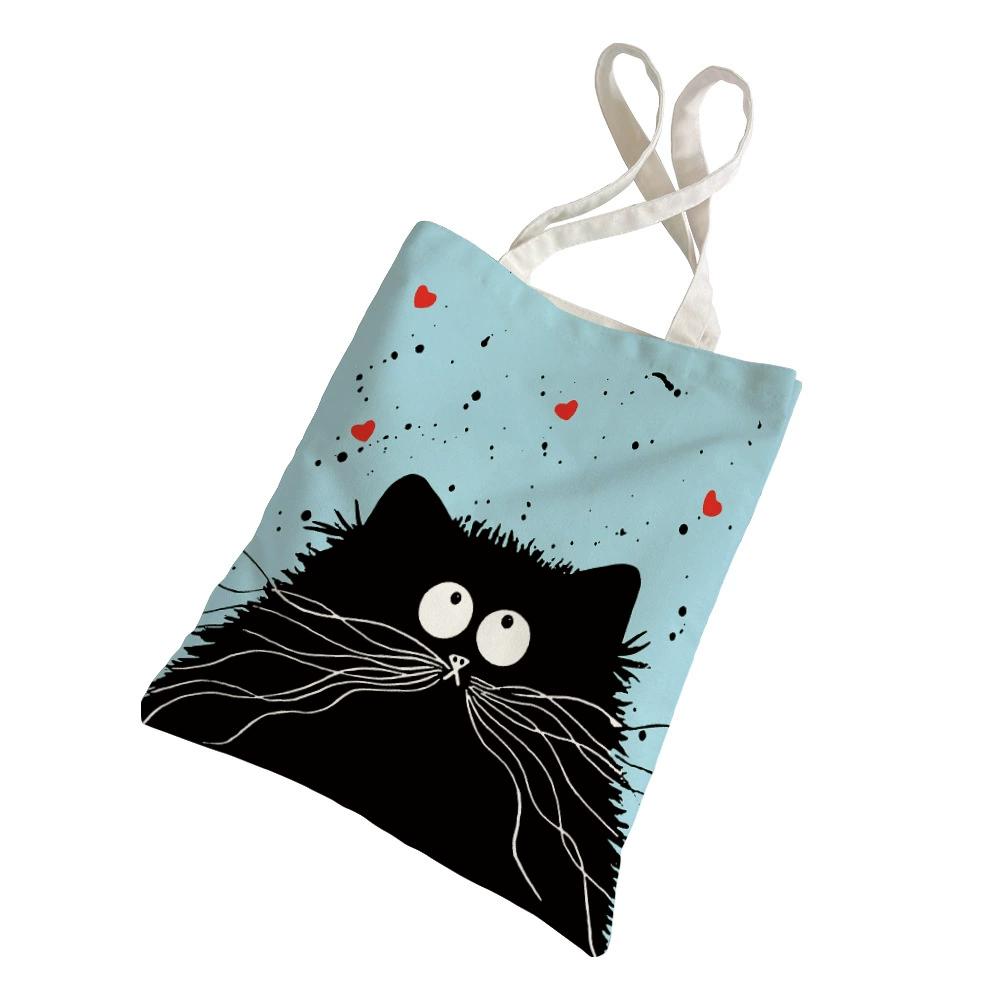 Black Cat Printed Canvas Bag Cartoon Tote Bag Shoulder Storage Bag Ladies Beach Bag Shopping Bag Travel Storage