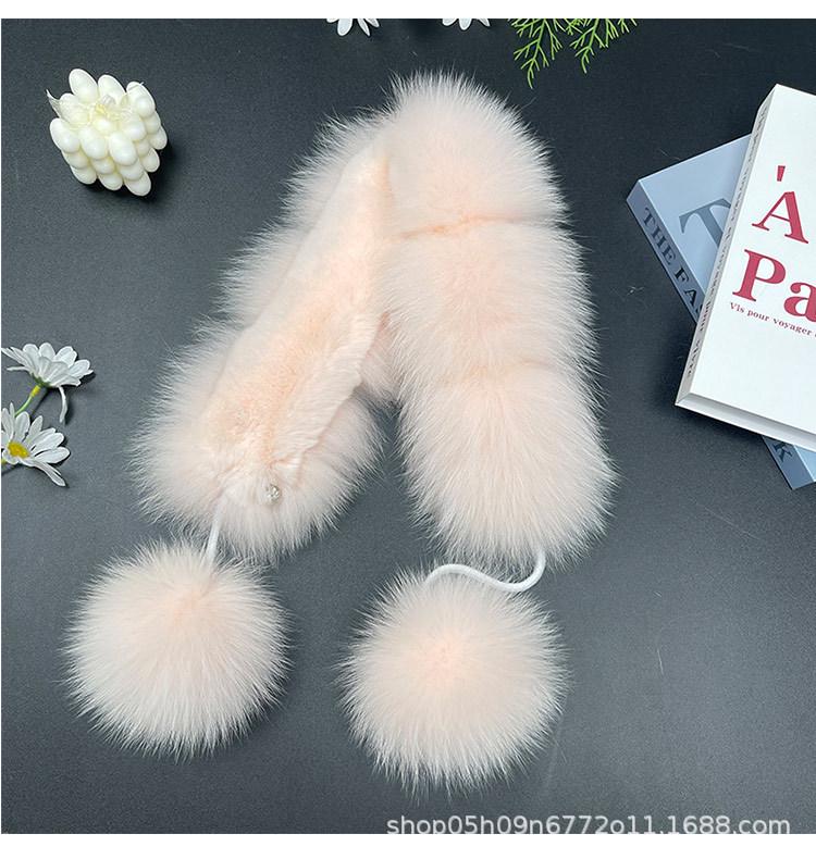 Korean Style Double-Sided Fox & Rabbit Fur Scarf with Pompons for Women