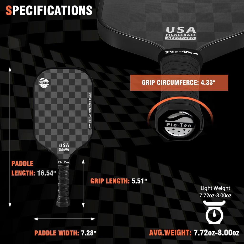 Pic 10 Pickleball Pádlo Originální 18K uhlíkové vlákno Pickleball Pádlo 3D vzor 16mm Power Polymerové jádro Lehké Odolné Vysoce výkonný design