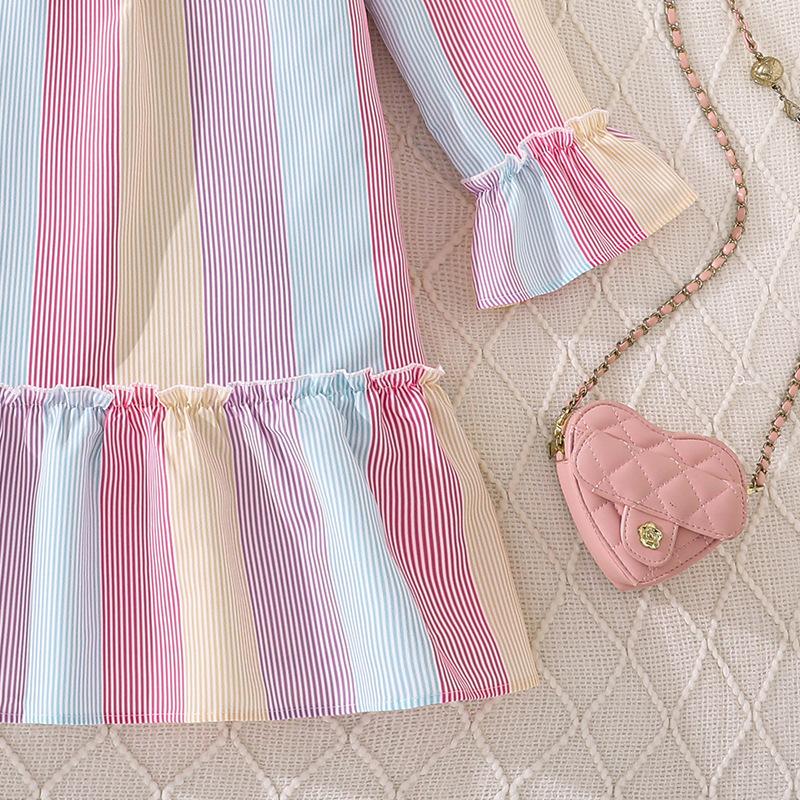 Girls' Dress Children's Clothing Autumn New Style Elegant Color Block Striped Long Sleeve Single-Breasted Shirt Dress
