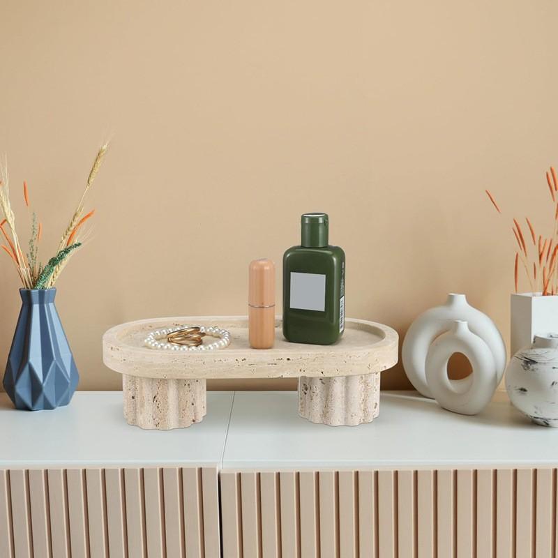 Natural Yellow Travertine Stone Tray With Feet Oval Decorative Dish Perfume Bottles Home Decor Hotel Display