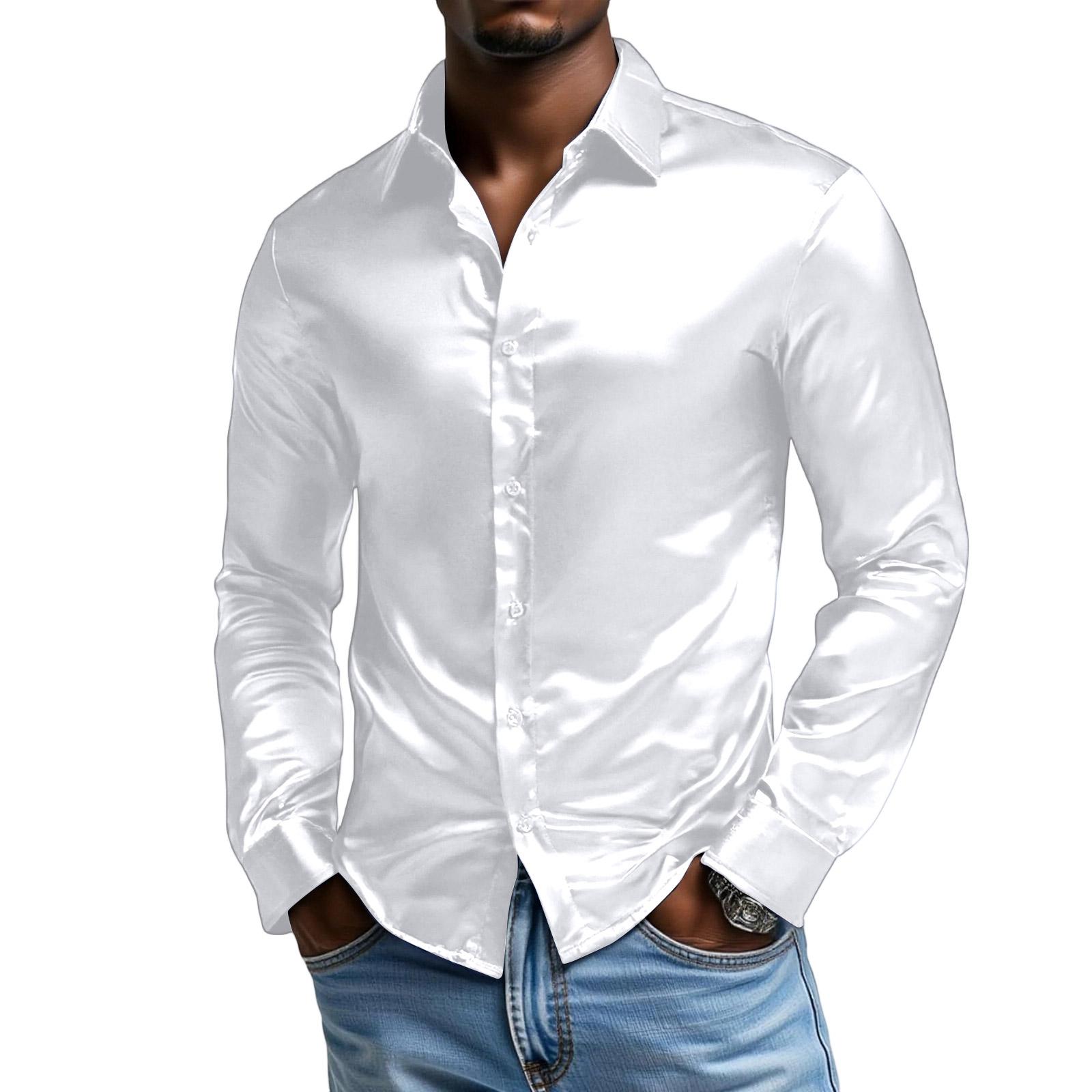 

Men s Long Sleeves Single Button Flip Collar Shirt L білий