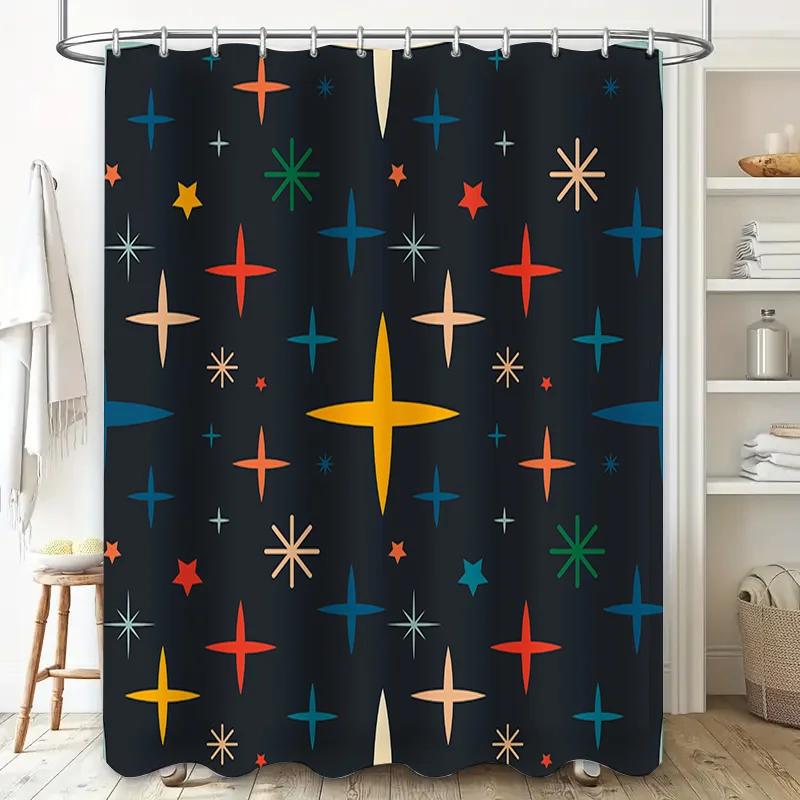 Vintage Stars Shower Curtain Modern Bathroom Decor, Navy Blue Background with Red, Yellow, Green, Orange Teal Star Pattern