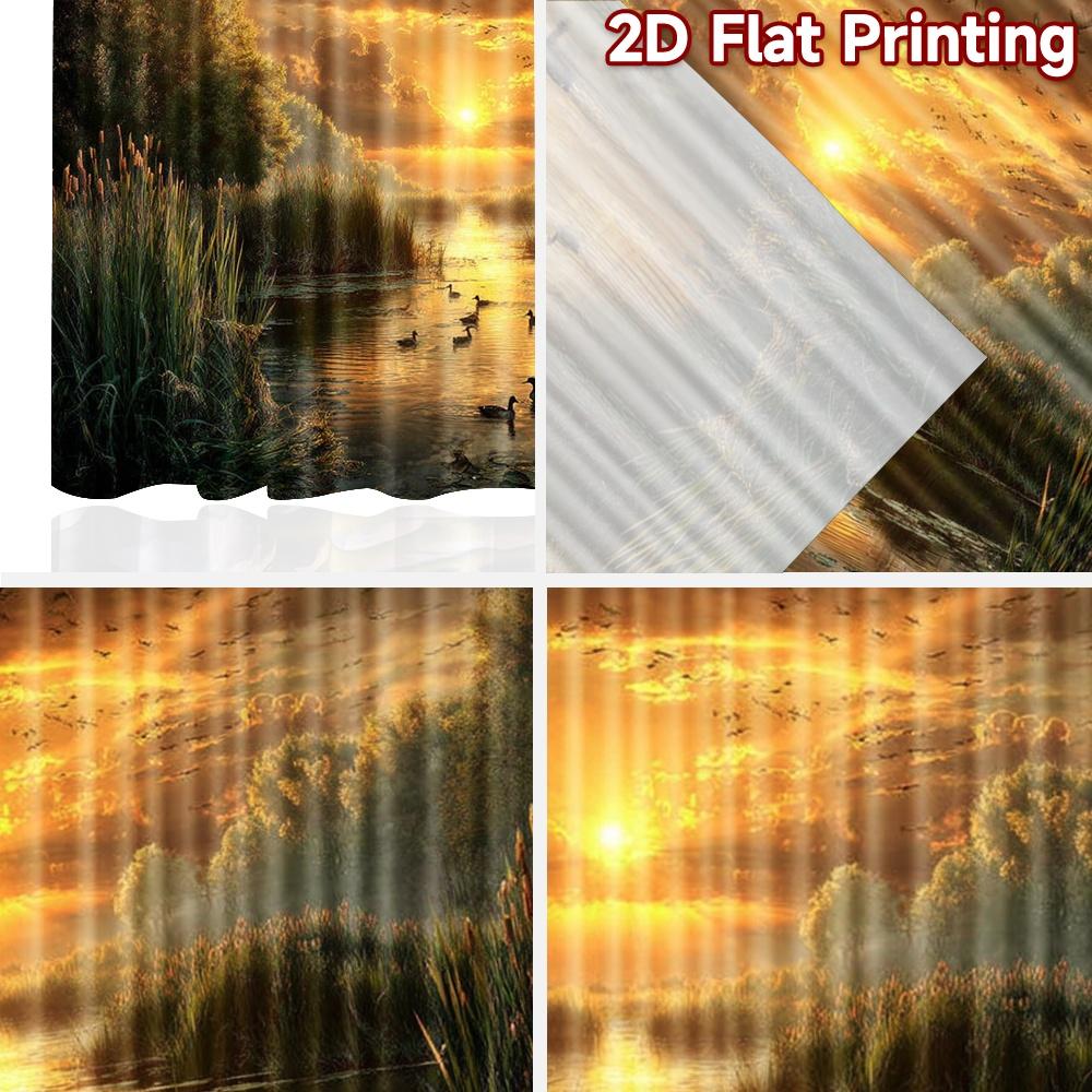 2D Flat Printing 2pcs Curtains Ducks Flying Sunset Lake Digital Printed Polyester Drapes Festive Holiday Use for Holiday Parties