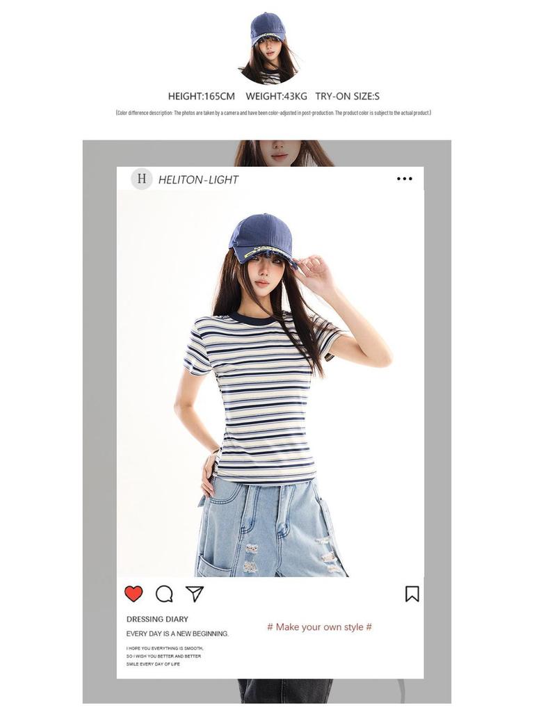 Retro Striped Slim Fit Cropped Short Sleeve T-shirt - Early Spring Petite Millennium Style