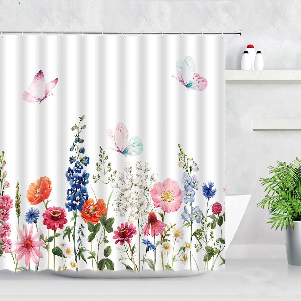 Butterfly Flower Shower Curtain Watercolor Plant Printed Bathroom Curtain Pretty Wildflower Pattern Bath Curtain With Hooks