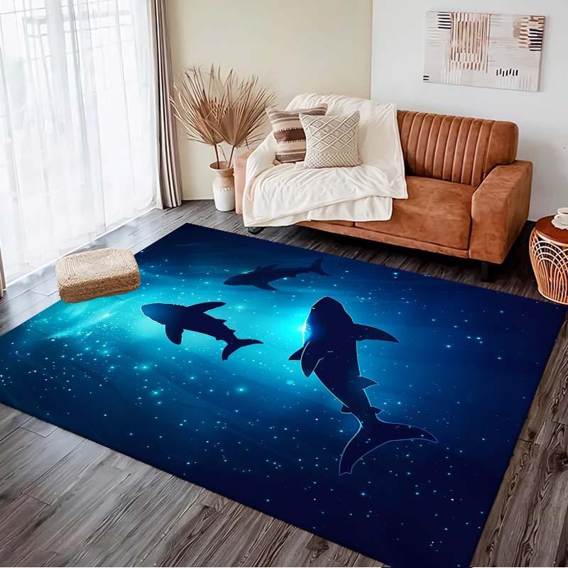 

1pc Blue Ocean Shark Print Rug - Soft Non-Slip Polyester Carpet with Starry Night Design for Living Room, Bedroom, Kitchen, and 60x90cm