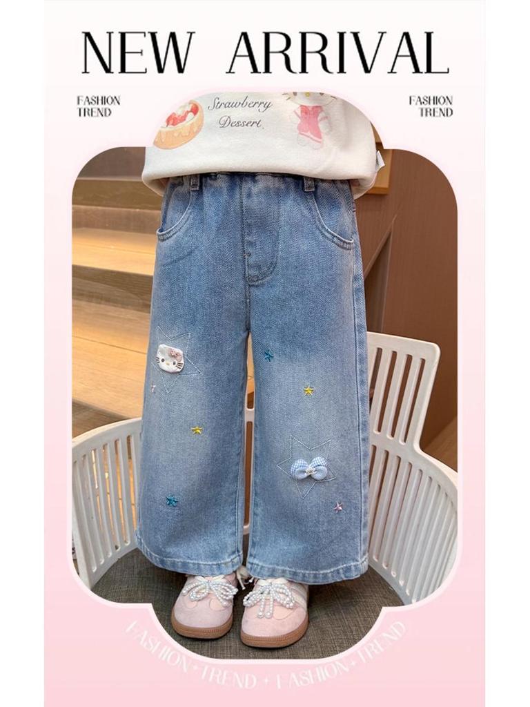 Bestickte Stern & Schleife Weitbeinige Jeans für Mädchen - Koreanischer Stil, Frühling/Herbst