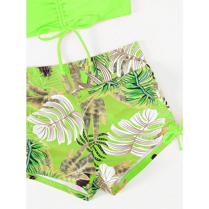Women's Neon Green Tropical Leaf Two Piece Swimsuit - High Waisted Drawstring Bikini Set