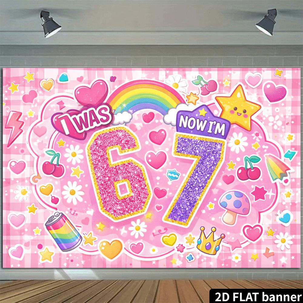 2D plane, 6 rotations, 7-year-old birthday party backdrop fabric, pink and purple glittering powder theme, polyester material