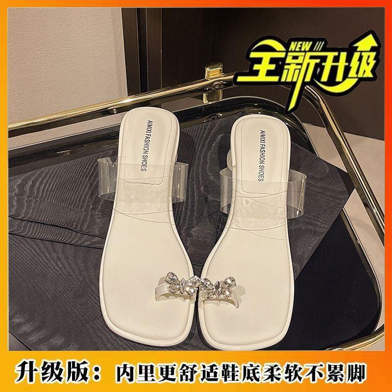 Transparent Fairy Thick Heel Bow Summer Wind Outer Wear Slippers Square Toe Crystal Sandals Clip