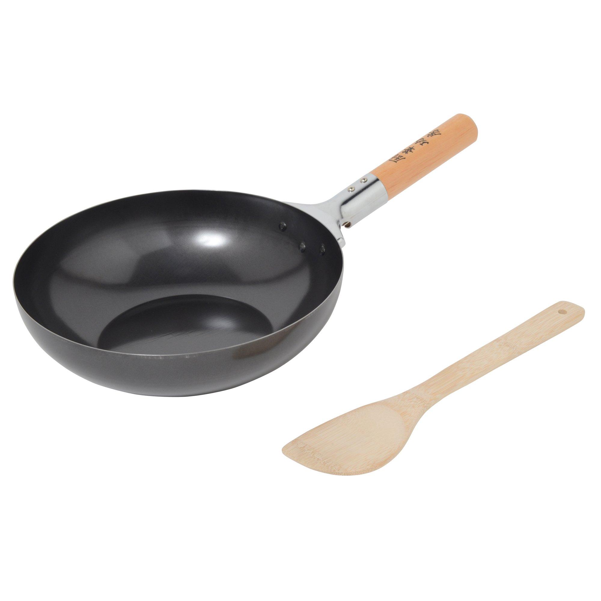 

Maruyama Giken Chuka Kobo Iron with Bamboo IH and Gas Stove Made in Iron Peking Fried Rice Pot Stir-fry Pan, 26cm, Spatula, CK-07, Compatible, чёрный