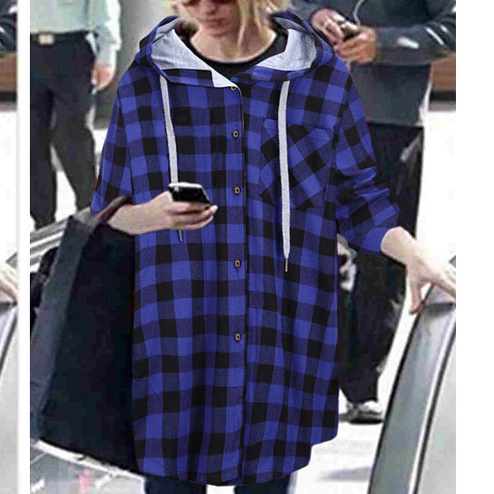 

Женская модная повседневная клетчатая куртка с капюшоном и длинным рукавом, блузка, пальто XXXL синий