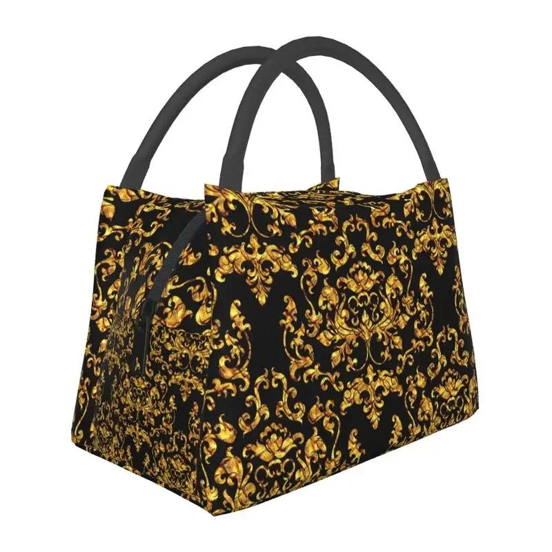 Luxury Golden Europe Floral Insulated Lunch Bag for Work Office Leakproof Thermal Cooler Lunch Box Women