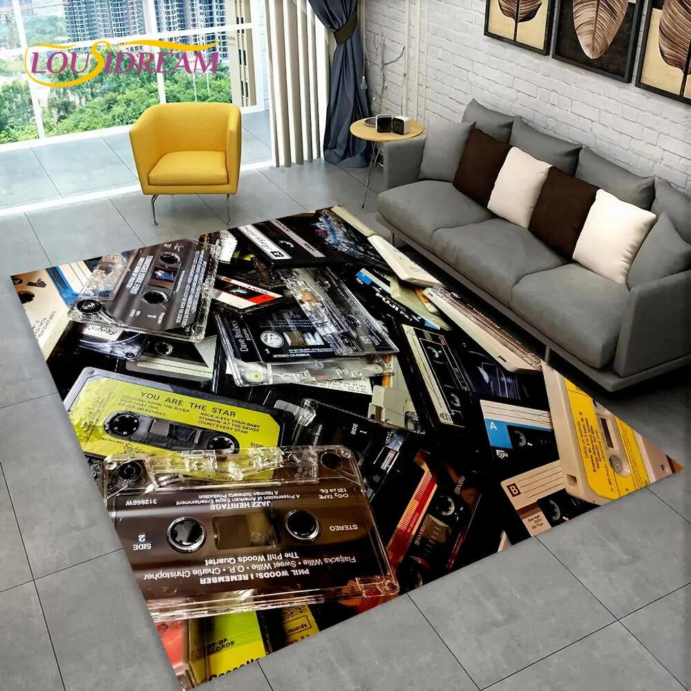 Alfombra de Área Grande con Patrón de Cinta de Cassette de Música Retro, Alfombra para Sala de Estar, Dormitorio, Sofá, Felpudo Decorativo, Felpudo Antideslizante