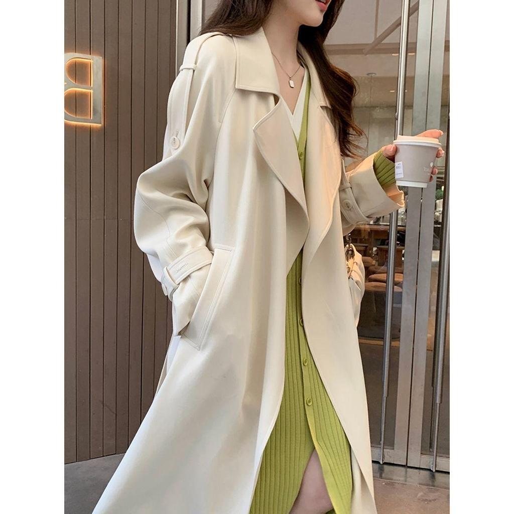 2026 Korean Style Long Drape Trench Coat - Elegant White for Spring & Autumn