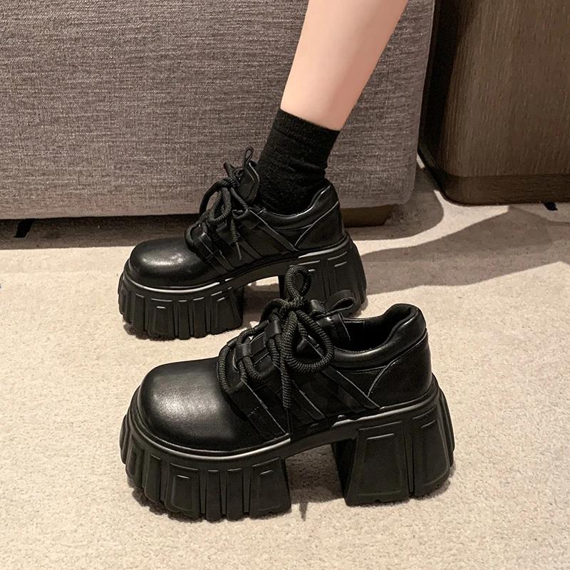 Fashion 8CM Women Mary Jane New Lace Up Loafers Platform Wedge Sneakers Chunky Shoes Women Black Shoes Spring Autumn Walking Sneakers