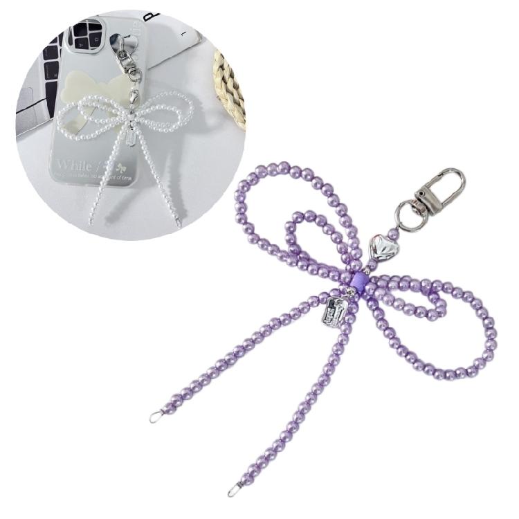 Lovely Bowknot Bag Charm Silver Heart Multipurpose Keychain Bowknot Bag Pendant Beaded Key Adornment for Daily Use