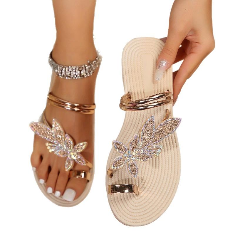 Sandali a ciabatta estivi taglie forti da donna, infradito da spiaggia con fibbia piatta e strass floreali