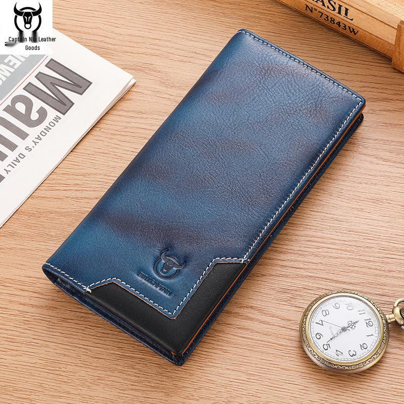 Portofel Lung Bifold Retro pentru Bărbați din Piele Naturală de Vacă Captain - Ceară de Ulei, Portmoneu pentru Monede de Capacitate Mare