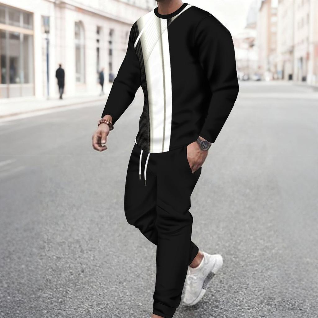 Men Black White Abstract Curve Line Print Long Sleeve Sweatshirt Jogger Pants Two Piece Suit