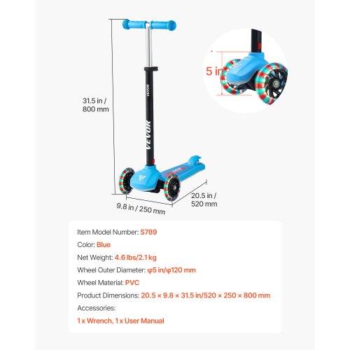 VEVOR Kick Scooter for Kids Ages 3+, 3-Wheel Toddler Scooter with Light-Up Wheels, Adjustable Height Handlebar, Wide Anti-Slip Deck