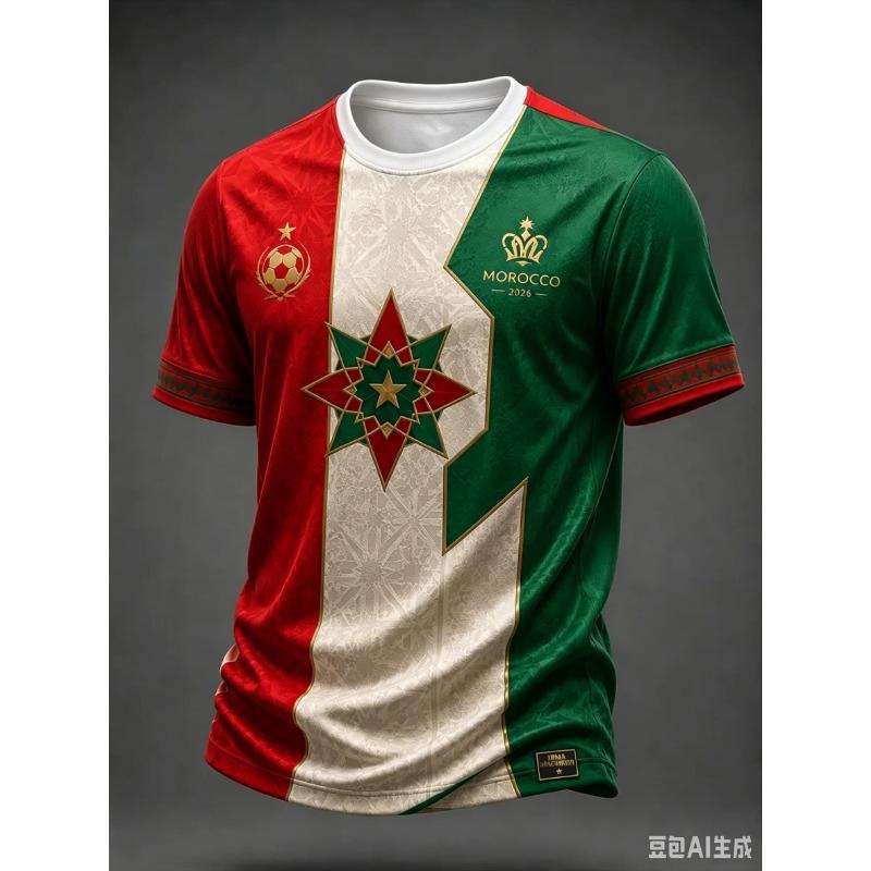 NOVÝ fotbalový dres Marockého týmu Červený Zelený Raglánový Rukáv 3D TISK Krátký Rukáv Fotbalové Tričko Unisex Fanouškovské Tréninkové Sportovní Tričko Top