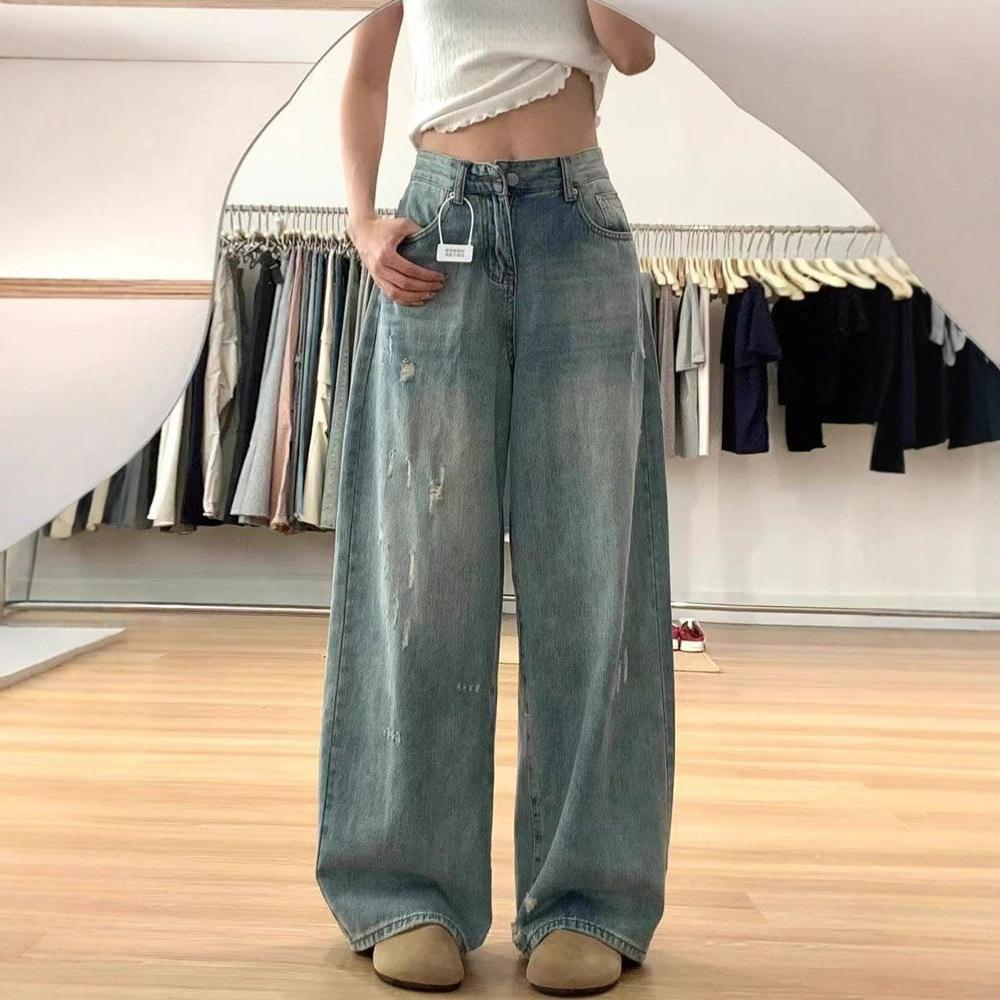 Loose Big Yards Torn Wide-legged Jeans Women Spring and Summer Thin High-waisted Crotch-shading Straight Pants Retro Baggy Long Jeans for Ladies
