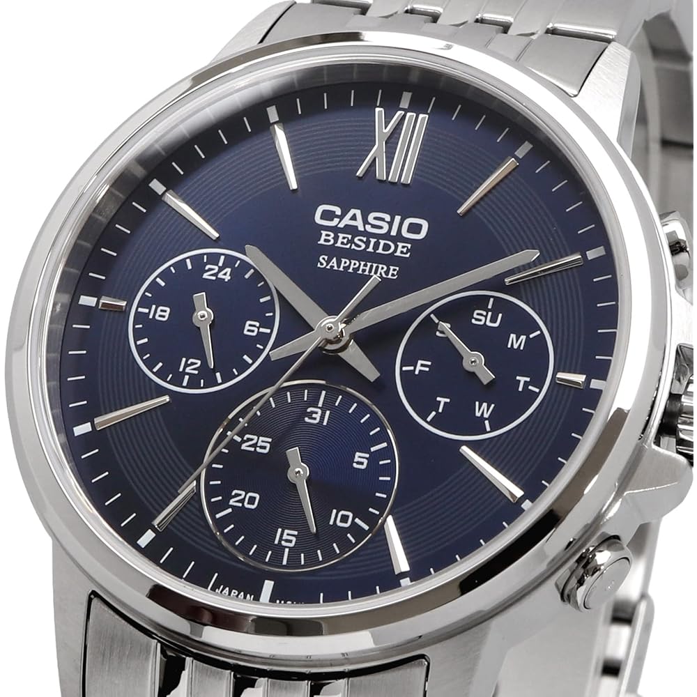 Casio Beside Quartz Men's Watch Sapphire Glass BMS-300D-2AV Stainless Steel Band 24-Hour Display Navy