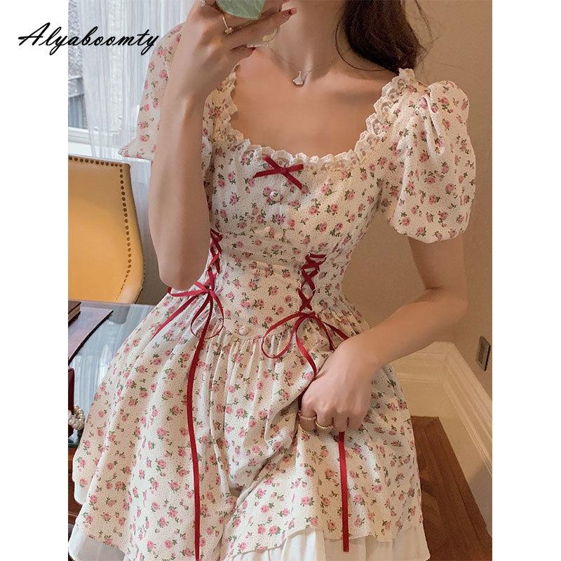 

Mori Девушка Лето Женщины Цветочное мини-платье Взъерошенный воротник Бинтаж Розовый принт Сладкое платье с коротким рукавом Элегантное женское шифоновое платье