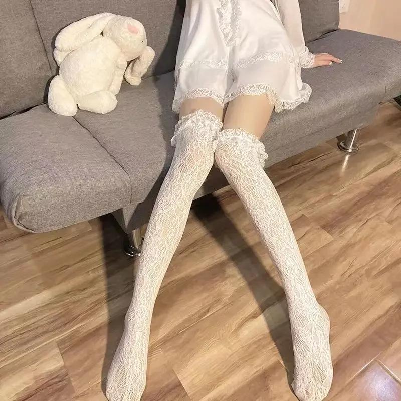 Women Sexy Lace Top Floral Rattan Fishnet Stockings Long Tube Mesh Over Knee Body Stockings Thigh High Hosiery Goth Long Socks
