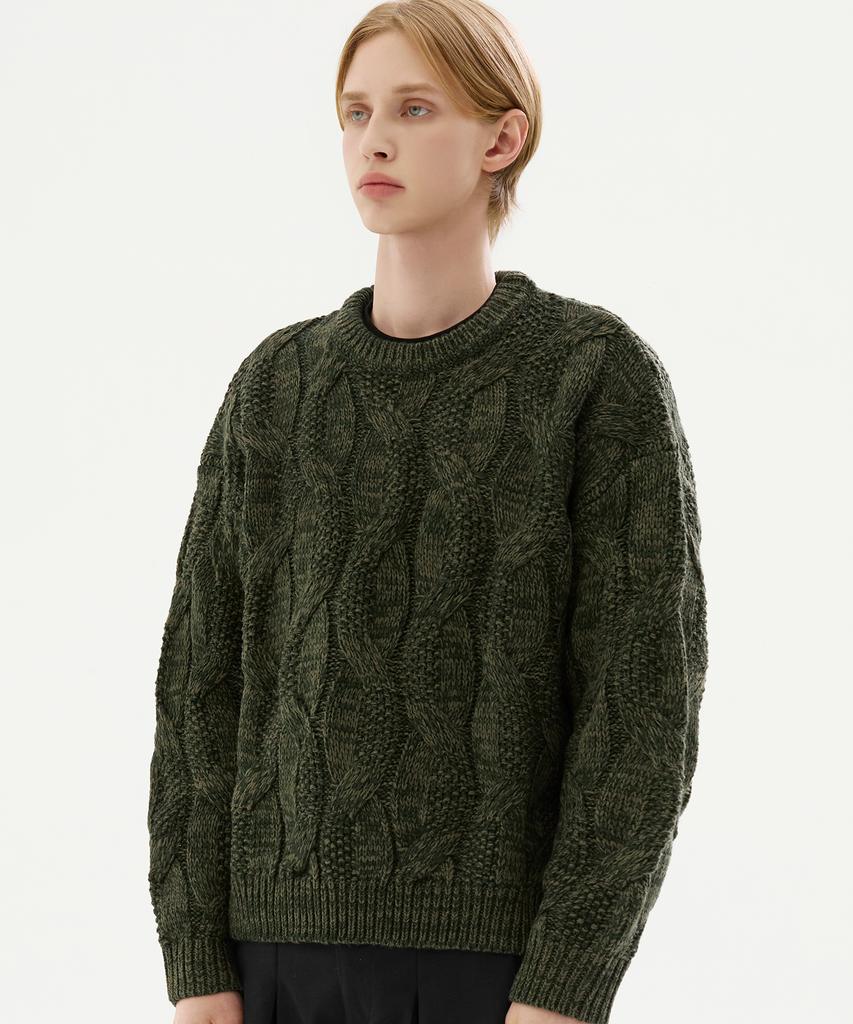 TRILLION Washable Big Cable Oversized Crew Neck Knit [Khaki]