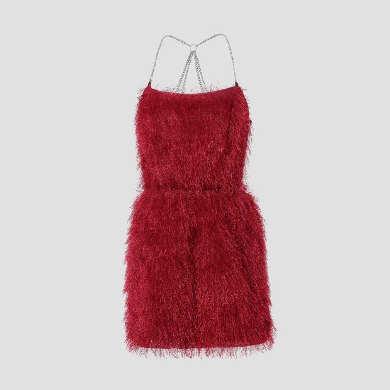 

Red Fuzzy Chain Strap Mini Dress Bodycon Party Dress S бордовый