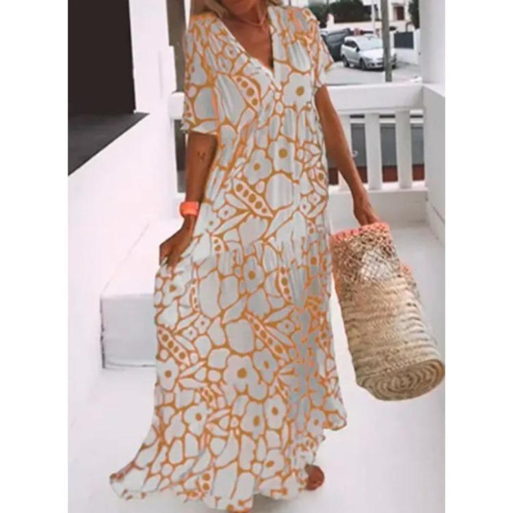 Letní květinové maxi šaty Volné dlouhé šaty Výstřih do V Krátký rukáv Dámské