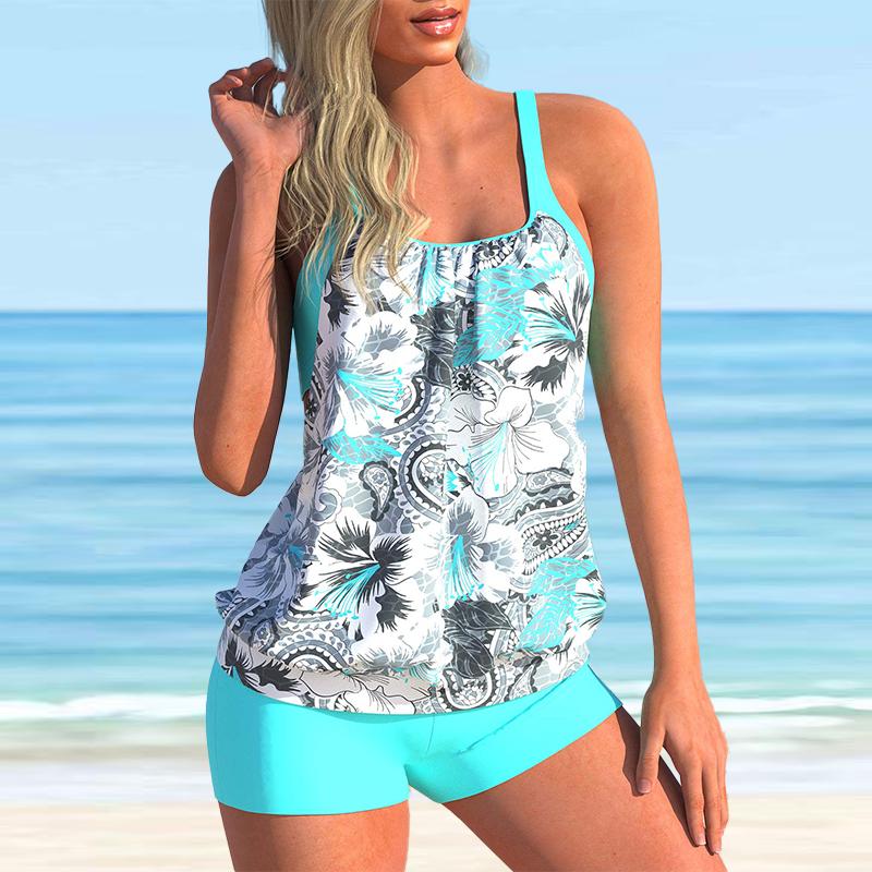 Women's Halter Blue Leopard Print Bikini Tankini Swimsuit