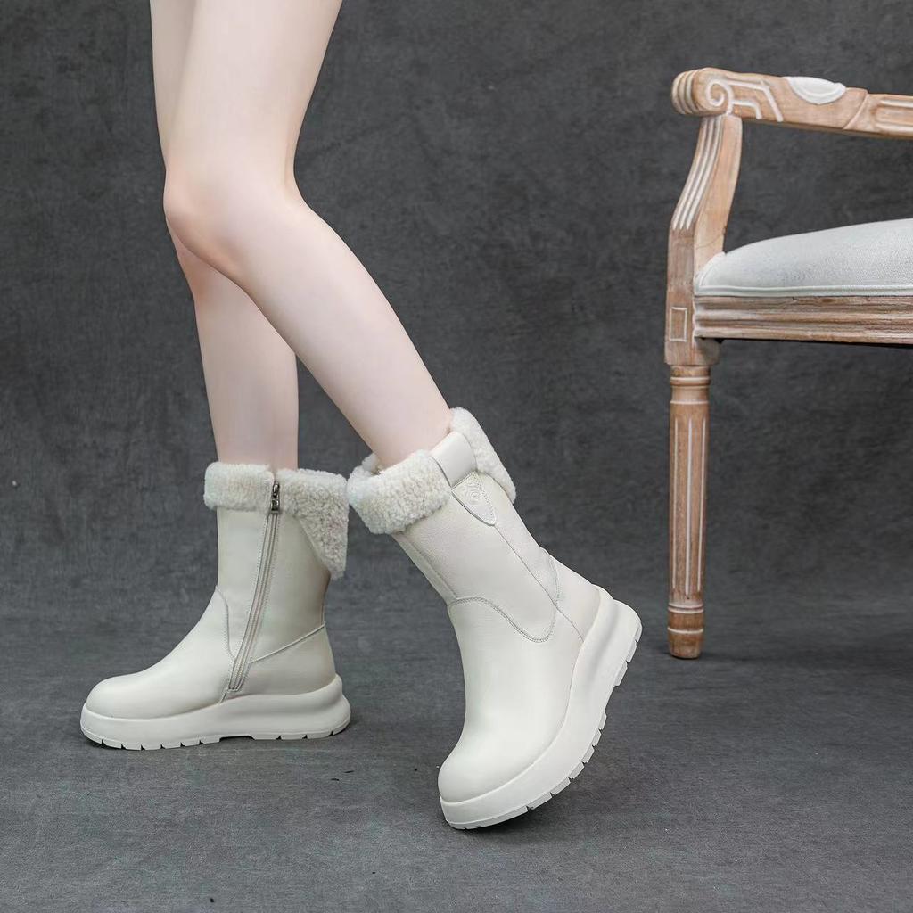 Winter Snow Boots Leather Plush Warm Solid Color Thick Sole Women's Mid-calf Short Boots