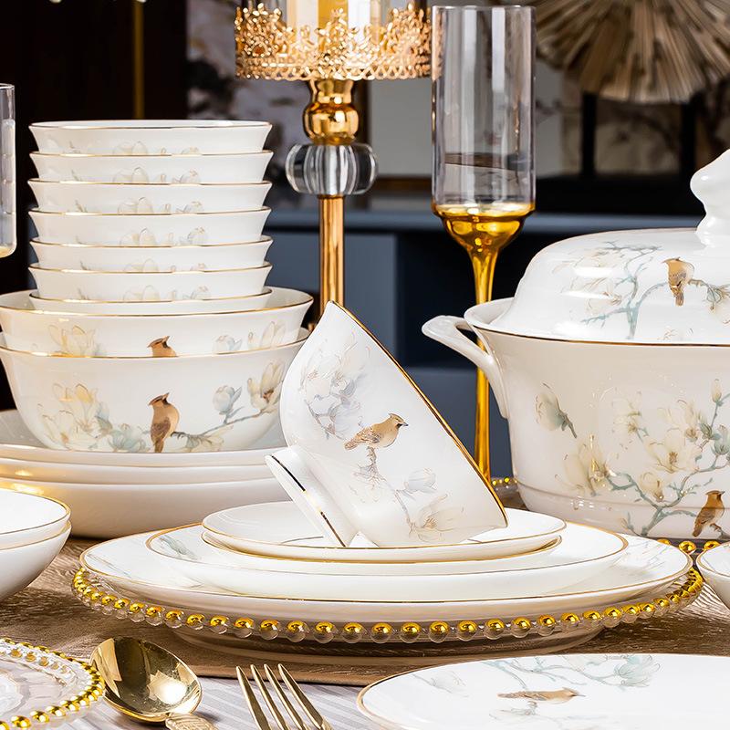 New Chinese Flower and Bird Dish Set Household Light Luxury High-end Rice Bowl Plate Combination Bowl Set of Your Choice