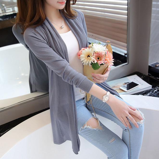 

Женская весна-лето корейская версия тонкой куртки-шаль средней длины с солнцезащитным кремом и длинными рукавами, свободный вязаный кардиган XS серый