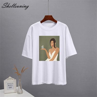 Shellsuning Trendy Lose T Shirts Frauen Sommer Weiche Baumwolle Kurzarm Basic Tees Weibliche Übergroßen Chic Ästhet Charakter Tops