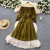 Dolce Abito da Donna Aderente A-line Scollo Bardot Maniche a Lanterna Vita con Fascia Raccoglitore Pizzo Giuntato Abito Lungo