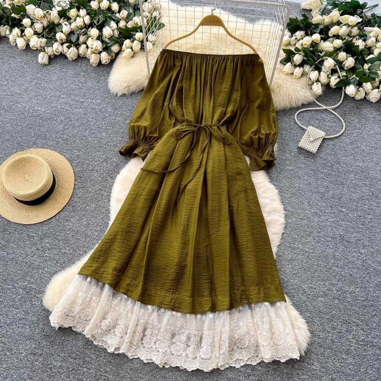 Dolce Abito da Donna Aderente A-line Scollo Bardot Maniche a Lanterna Vita con Fascia Raccoglitore Pizzo Giuntato Abito Lungo