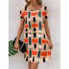 Summer Elegant Vintage Loose Women's Printed Dress Casual Batwing Sleeve Round Neck Slim Short Dresses Women Fashion Simple Office Ladies Dress 25915